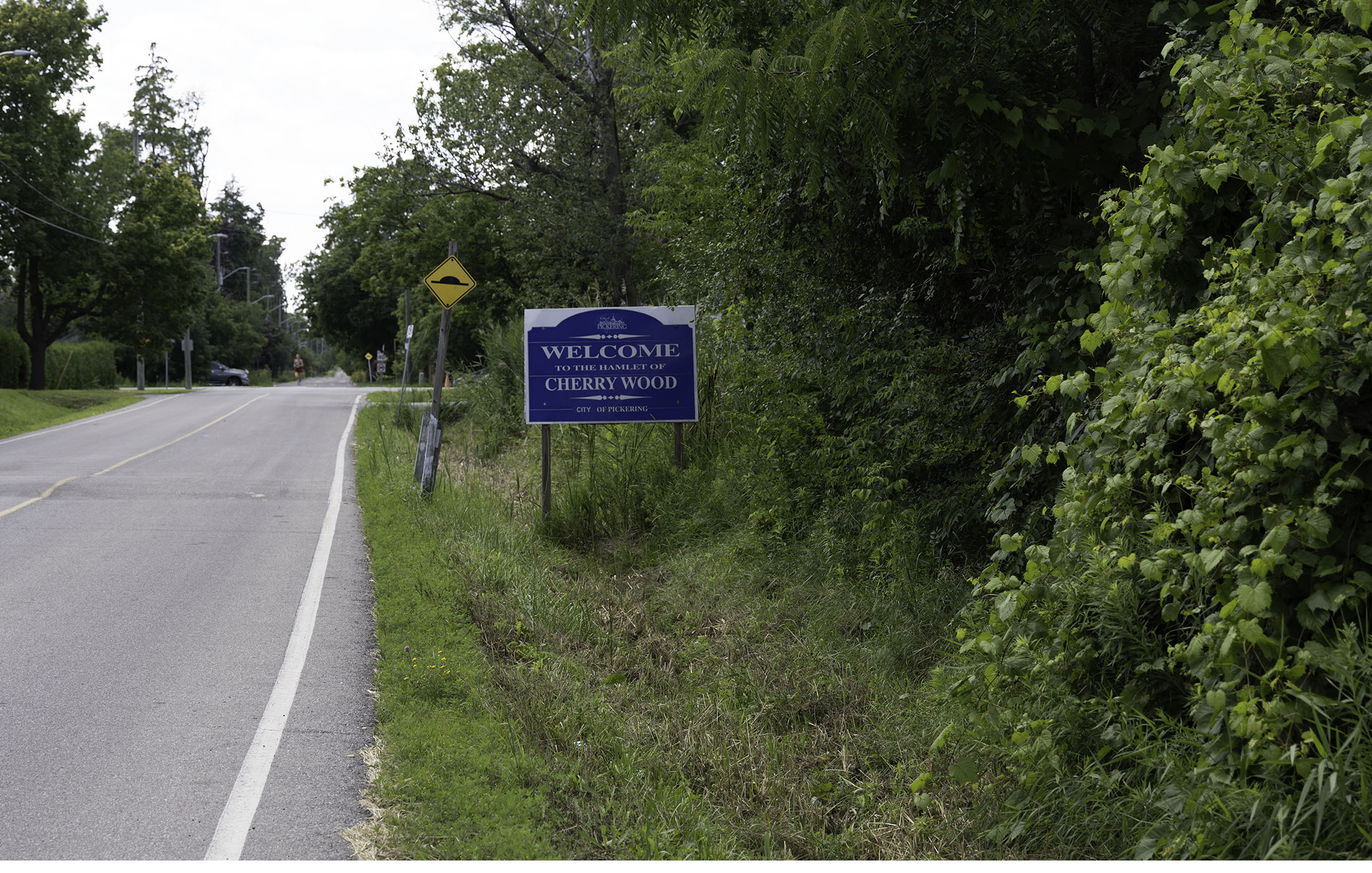 City of Pickering welcome sign for the Hamlet of Cherrywood, next to Third Concession Road